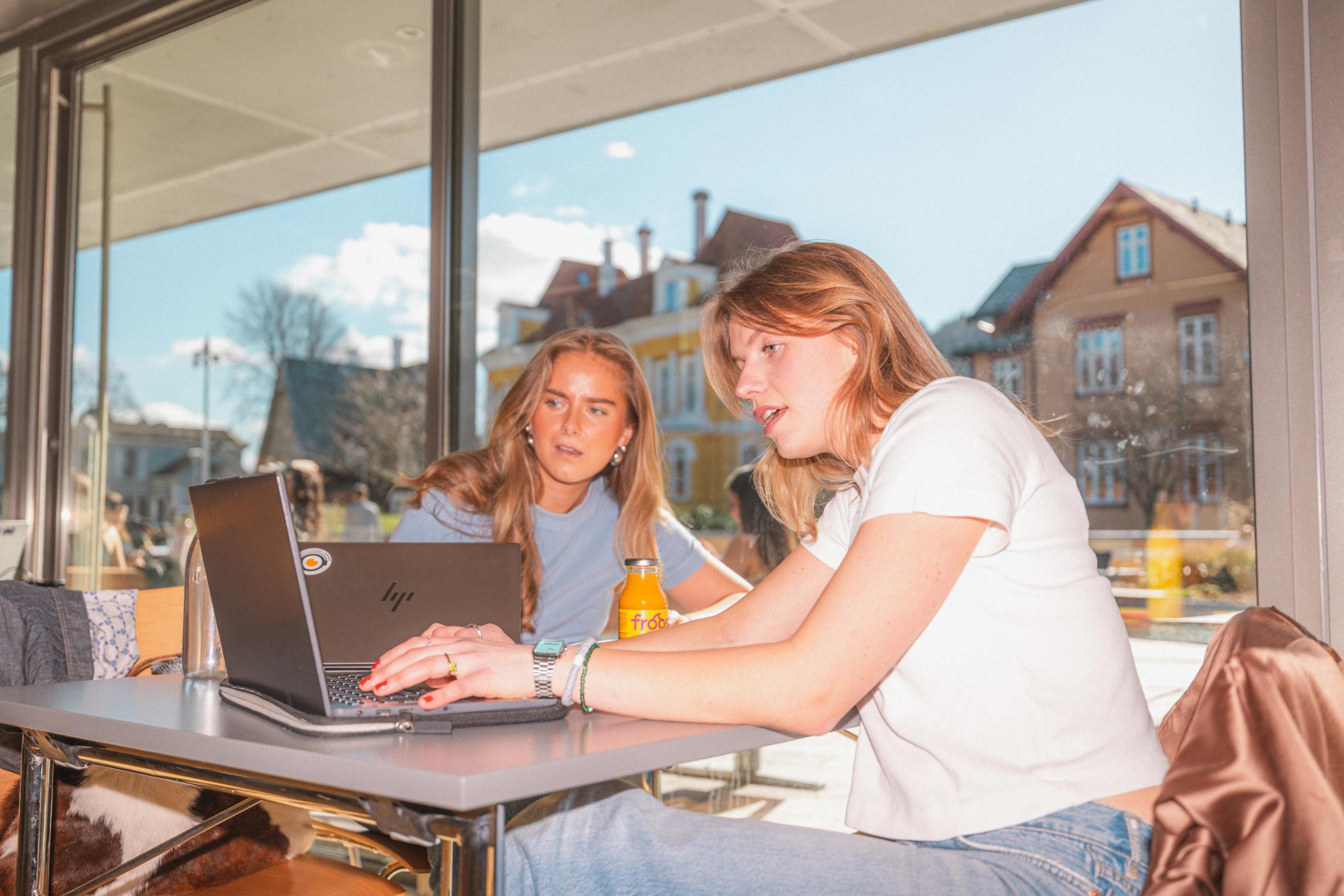 To unge kvinner sitter ved et bord foran en bærbar PC på en kafé eller campus, mens de samarbeider og ser konsentrert på skjermen med bygninger og sollys i bakgrunnen gjennom store vinduer.