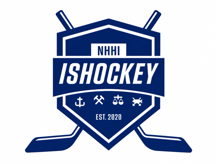 Blått og hvitt logo for NHHI Ishockey med to kryssede hockeykøller, teksten «NHHI ISHOCKEY» og små symboler samt «EST. 2020» nederst.