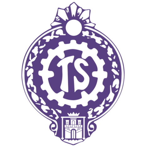 Lilla emblem med bokstavene «TS» i midten, omgitt av et tannhjul og en dekorativ ramme med et lite skjold nederst.