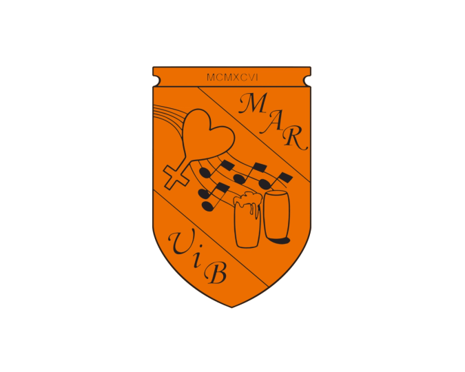 Oransje våpenskjold med et hjerte kombinert med kvinnesymbol, noter på noterader, to ølglass og teksten «MCMXCVI», «MAR» og «ViB» i svart.