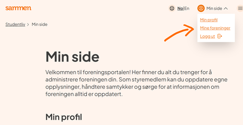 Skjermbilde av Sammen sin foreningsportal med siden «Min side», der en oransje pil peker på nedtrekksmenyen øverst til høyre med valgene «Min profil», «Mine foreninger» og «Logg ut».