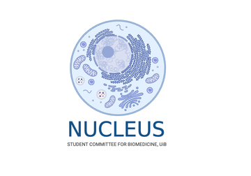Logoen til Nucleus, studentkomiteen for biomedisin ved UiB, med en stilisert illustrasjon av en celle over navnet.
