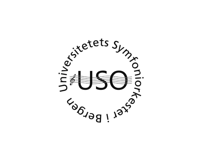 Logoen til Universitets Symfoniorkester i Bergen (USO), med teksten i en sirkel rundt initialene USO og noter i bakgrunnen.