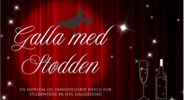 Plakat med rødt sceneteppe, glitrende stjerner og teksten «Galla med Stødden». Nederst står det «En morsom og innholdsrik kveld for studentene på HVL Haugesund», ved siden av en illustrasjon av en flaske og et glass.