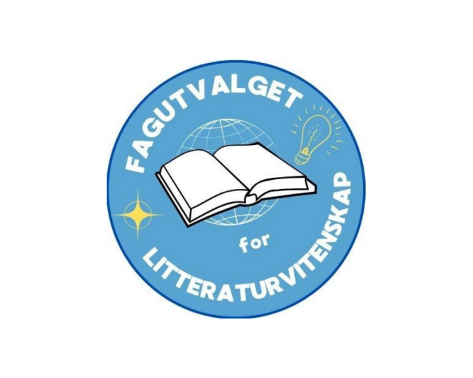 Rund blå logo for Fagutvalget for litteraturvitenskap med en åpen bok i midten foran en globus, omgitt av teksten «Fagutvalget for litteraturvitenskap» samt en lyspære og en stjerne som symboler på idé og kunnskap.