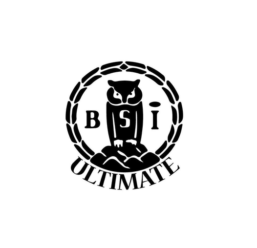 Svart-hvitt logo med en stilisert ugle som sitter på en stein omgitt av en laurbærkrans, med bokstavene «B S I» rundt uglen og teksten «ULTIMATE» under.