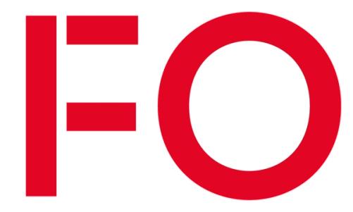 Rød, stilisert logo med bokstavene «FO» på hvit bakgrunn.