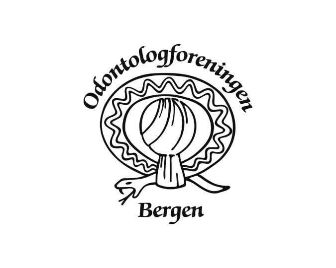 Svart-hvitt logo for Odontologforeningen Bergen, med en stilisert tann eller løkform i midten omgitt av bølgende linjer og en slangelignende form nederst.