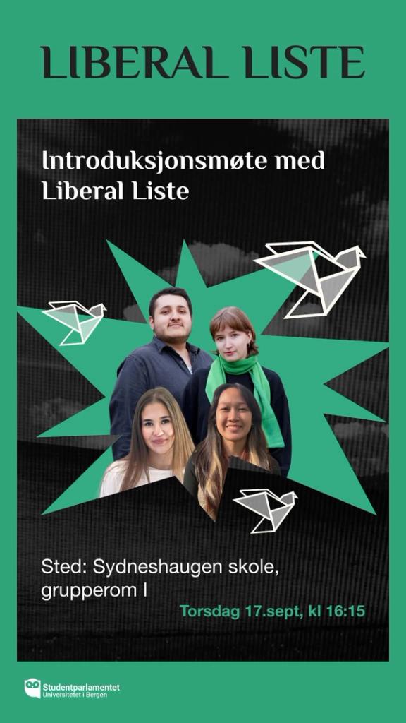 Plakat for introduksjonsmøte med Liberal Liste, med bilder av fire personer. Møtet holdes på Sydneshaugen skole, grupperom 1, torsdag 17. september kl. 16.15.