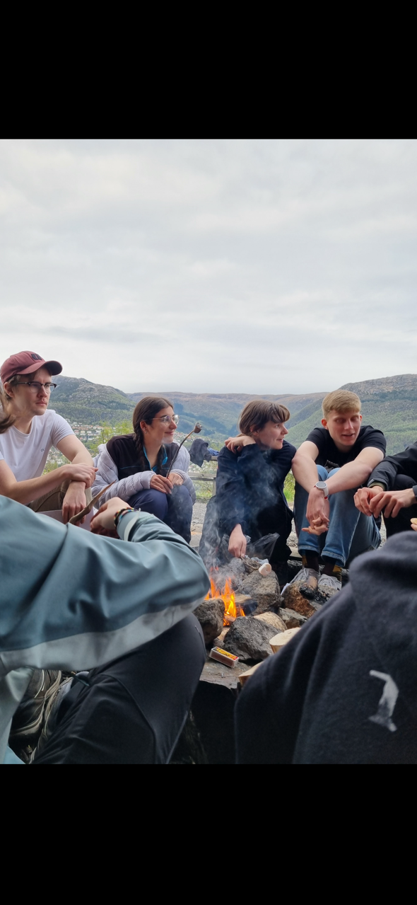En gruppe unge mennesker sitter rundt et bål ute i naturen, griller marshmallows og prater med fjell og daler i bakgrunnen.