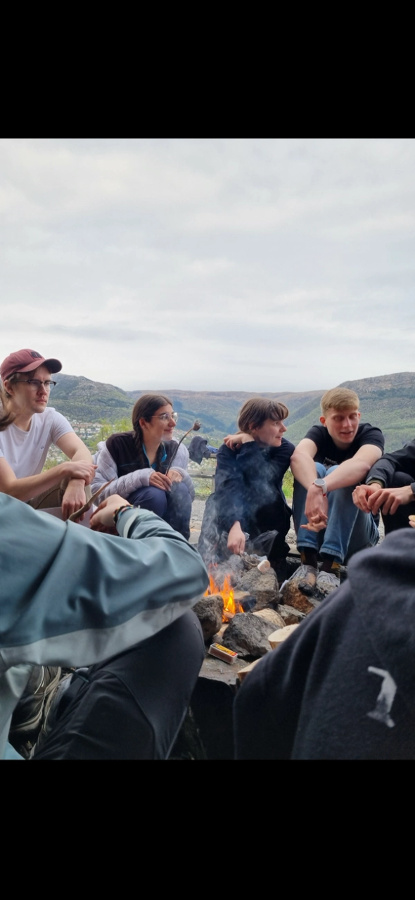 En gruppe unge mennesker sitter rundt et bål ute i naturen, griller marshmallows og prater med fjell og daler i bakgrunnen.