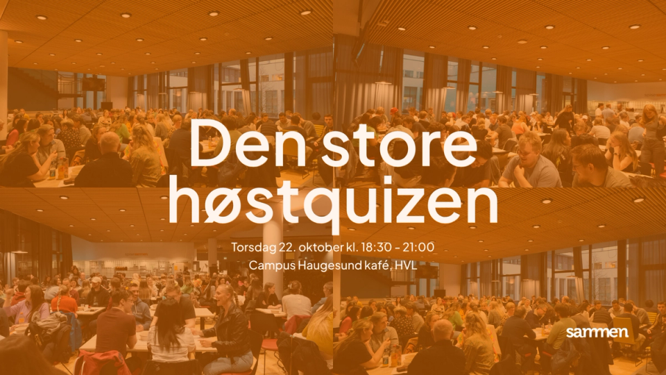 Plakat for «Den store høstquizen» med et stort, oransje filter over bilder av en fullsatt kafé der studenter sitter ved bord og deltar på quiz, med informasjon om dato, klokkeslett og sted på Campus Haugesund kafé, HVL.