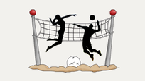 Illustrasjon av to personer som hopper ved et volleyballnett, med en ball i luften og en volleyball på sanden under nettet.