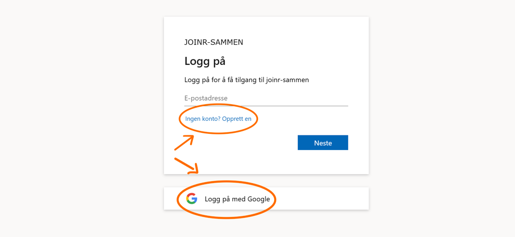 Skjermbilde av innloggingssiden til JOINR-SAMMEN som viser felt for e‑postadresse, lenken «No account? Create one» og en knapp for å logge inn med Google, markert med oransje sirkler og piler.