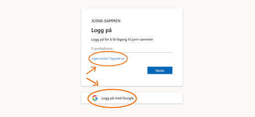Skjermbilde av innloggingssiden til JOINR-SAMMEN som viser felt for e‑postadresse, lenken «No account? Create one» og en knapp for å logge inn med Google, markert med oransje sirkler og piler.