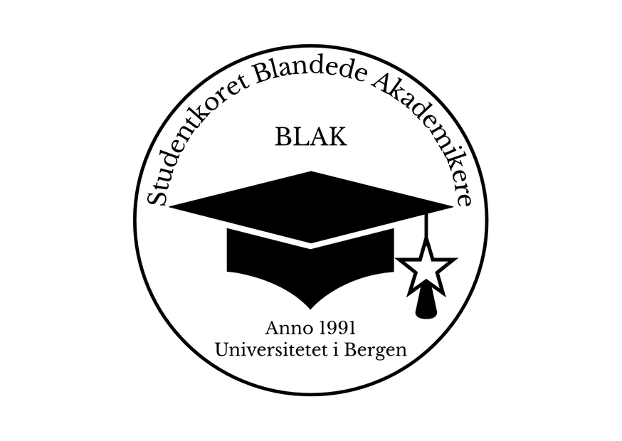 Logo for Studentkoret Blandede Akademikere (BLAK) ved Universitetet i Bergen, med en svart studenterlue og en stjerneformet dusk i midten og teksten «Anno 1991» under.
