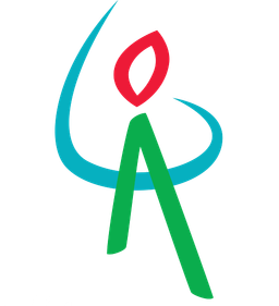 Abstrakt logo med en turkis, buet sirkel, en grønn A-lignende figur og en rød flammeform på svart bakgrunn.