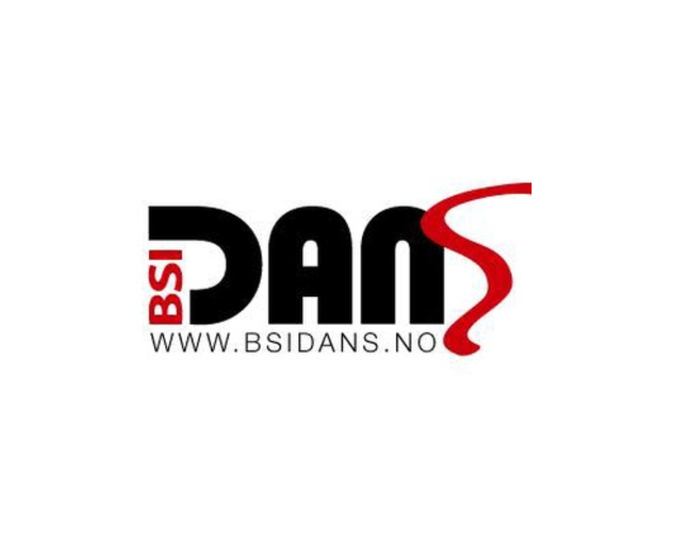 Logo for BSI Dans med teksten «BSI DANS» der en rød, bølgende S-form symboliserer dans, og nettadressen www.bsidans.no står under.