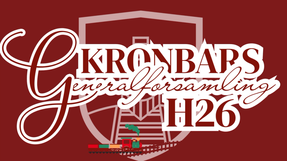 Grafikk med teksten «Kronbars generalforsamling H26» i hvitt på mørkerød bakgrunn, med et stilisert emblem og et lite tog nederst.