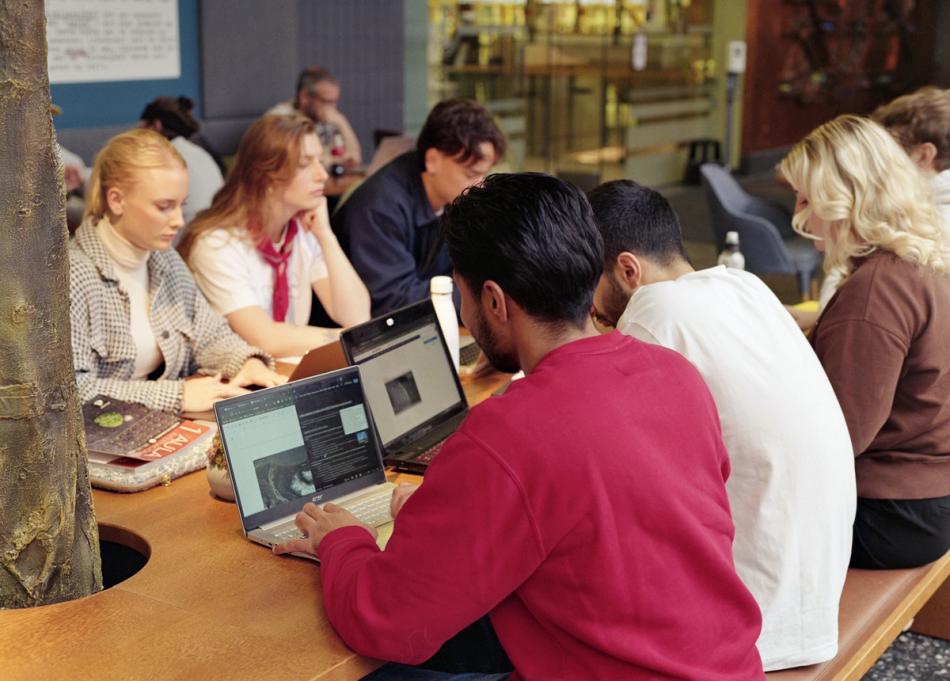 A group of students are sitting at a long table in a library or reading room, working with concentration on their own laptops. The atmosphere is focused and collaborative in the open, modern workspace.