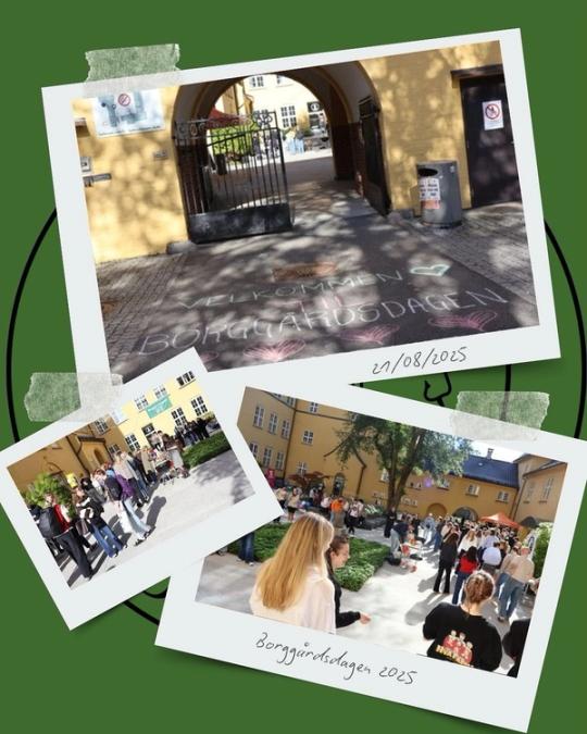 Collage av tre polaroidbilder som viser en solfylt gårdsplass ved en gul bygning, med kritttegningen «Velkommen til Borggårdsdagen» ved inngangsporten og mange studenter som samles og prater under arrangementet Borggårdsdagen 2025.