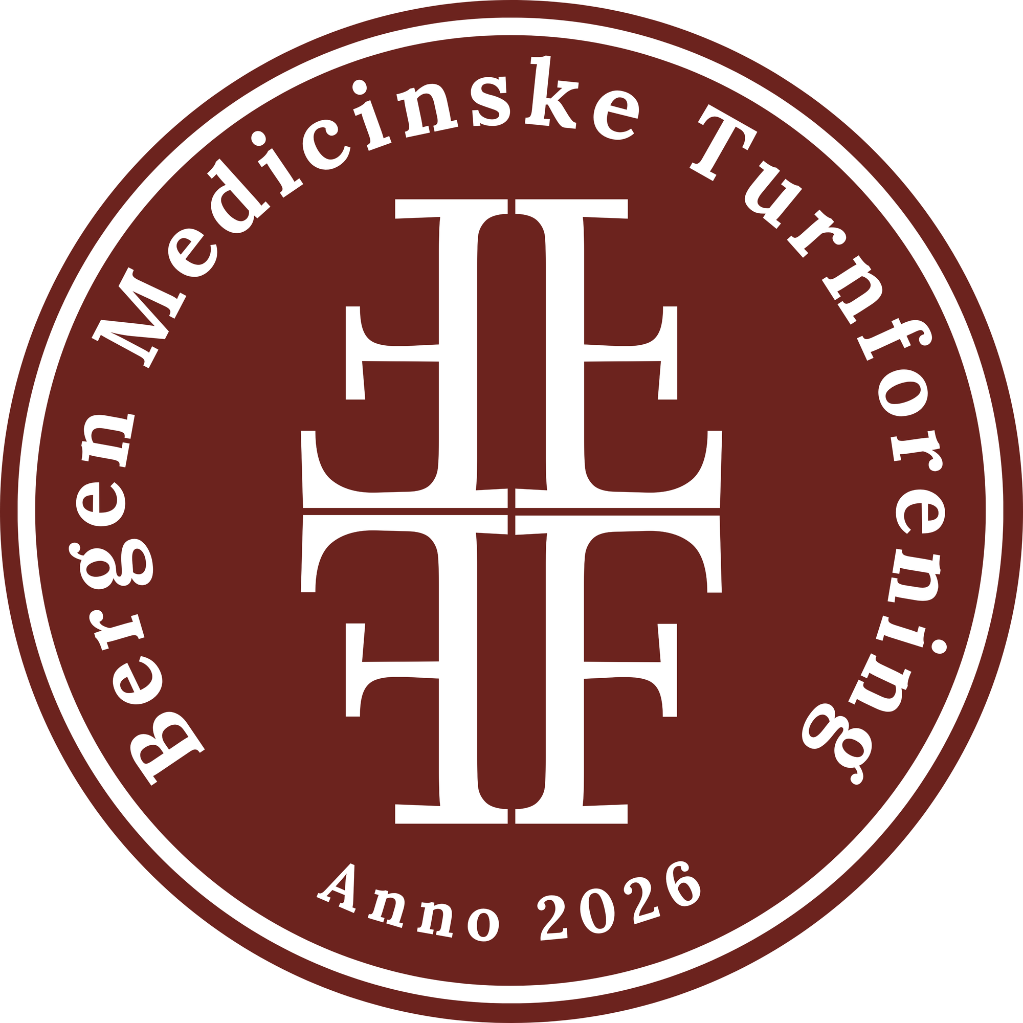 Rund, mørkerød logo for Bergen Medicinske Turnforening med et hvitt korsformet monogram i midten og teksten «Anno 2026».