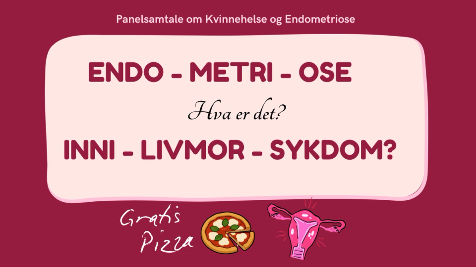 Plakat for en panelsamtale om kvinnehelse og endometriose, med teksten «ENDO-METRI-OSE – Hva er det? INNI-LIVMOR-SYKDOM?» samt illustrasjoner av en pizza og en livmor.