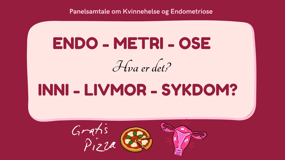 Plakat for en panelsamtale om kvinnehelse og endometriose, med teksten «ENDO-METRI-OSE – Hva er det? INNI-LIVMOR-SYKDOM?» samt illustrasjoner av en pizza og en livmor.