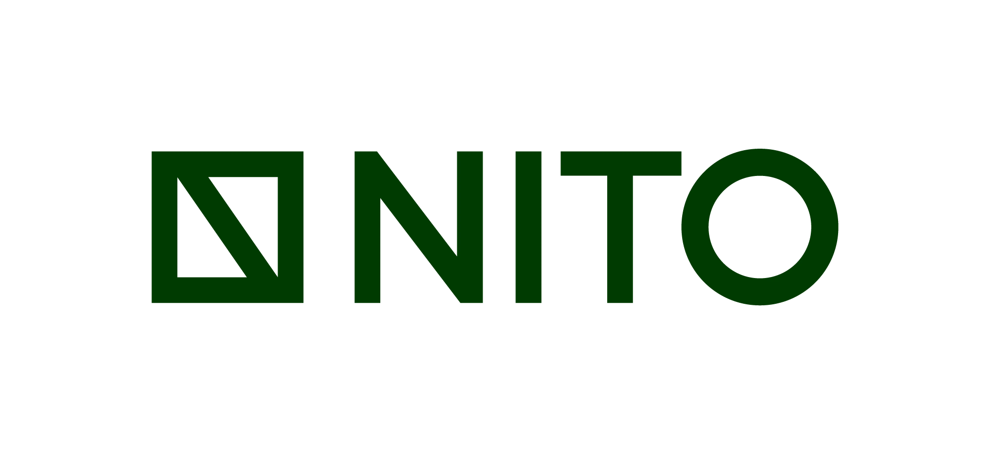NITO-logo i mørkegrønt med et kvadratisk symbol til venstre på svart bakgrunn.