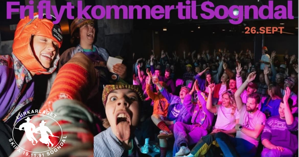 Fargerik collage av energiske artister og et jublende publikum, med teksten «Fri flyt kommer til Sogndal – 26. sept» og logoen til Lurkarlaget Skip 19.11.91 Sogndal.