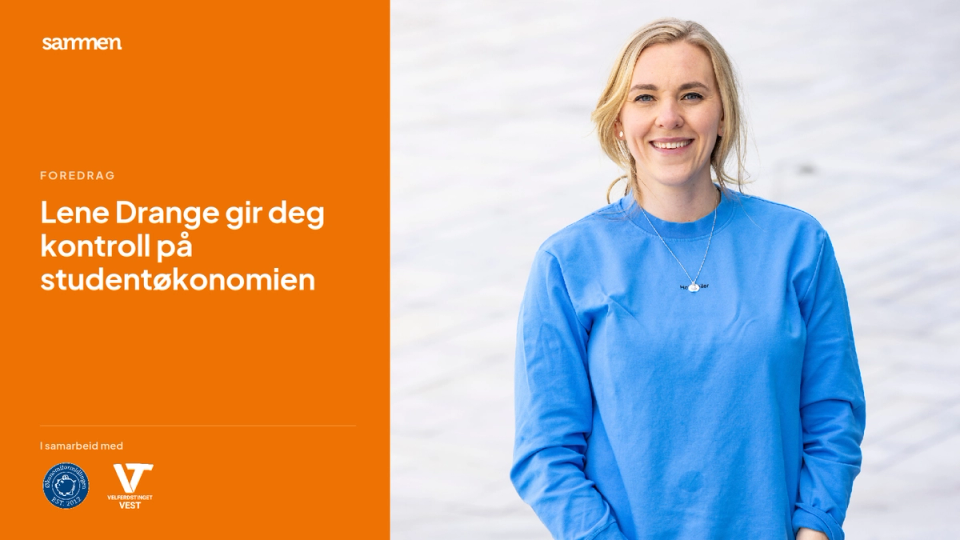 Smilende Lene Drange i blå genser ved siden av teksten «Lene Drange gir deg kontroll på studentøkonomien» på oransje bakgrunn.
