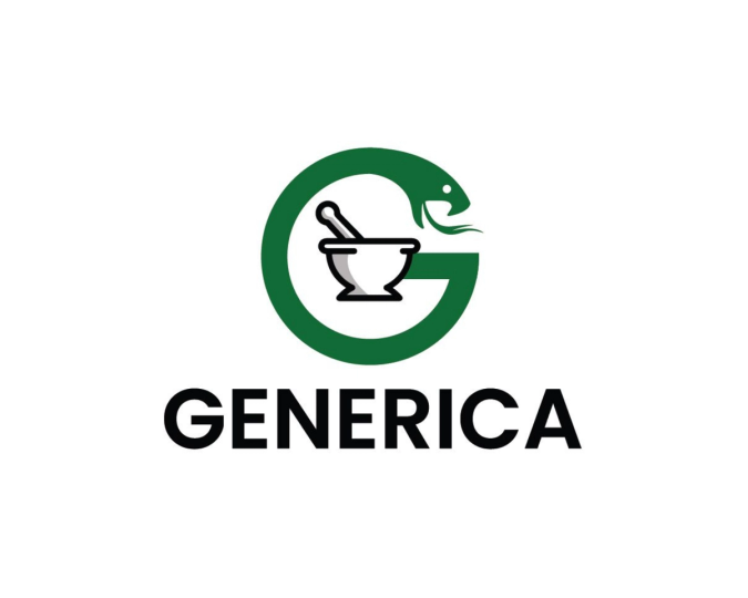 Logo for GENERICA med en grønn bokstav G som omkranser en morter og støter, med en stilisert slangeform øverst til høyre.