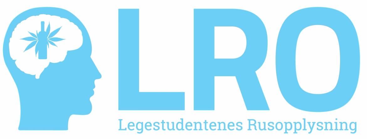 Logo for Legestudentenes Rusopplysning (LRO) i lyseblått, med en profil av et hode der en hjerne inneholder en flaske og stråler, ved siden av store bokstaver LRO og teksten «Legestudentenes Rusopplysning» under.