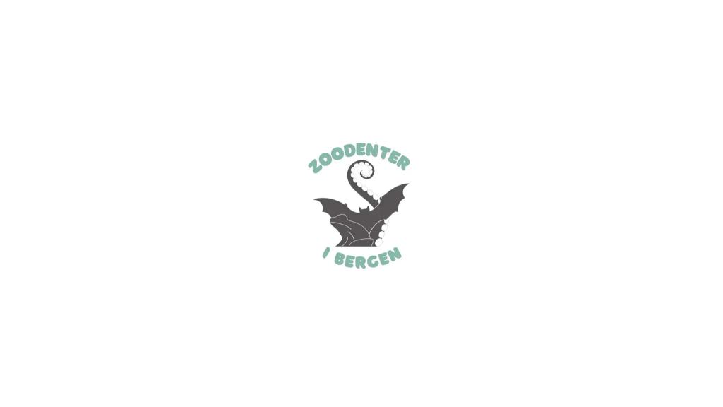 Logo for «Zoodenter i Bergen» med en stilisert mørk figur som kombinerer flaggermusvinger, blekksprutarm og et reptilhode, omgitt av turkis tekst på hvit bakgrunn.