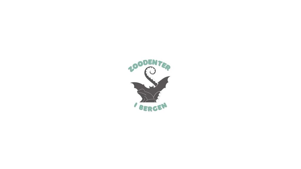 Logo for «Zoodenter i Bergen» med en stilisert mørk figur som kombinerer flaggermusvinger, blekksprutarm og et reptilhode, omgitt av turkis tekst på hvit bakgrunn.