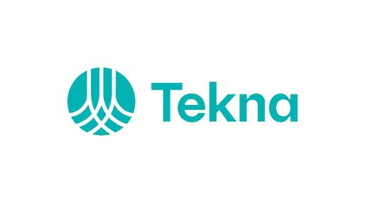 Tekna-logoen i turkis, med et stilisert rundt symbol ved siden av navnet «Tekna», på hvit bakgrunn.