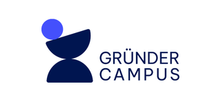 Logo for Gründer Campus med en stilisert mørkeblå figur og en lys blå sirkel til venstre, og teksten «GRÜNDER CAMPUS» i mørkeblå bokstaver til høyre.