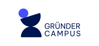 Logo for Gründer Campus med en stilisert mørkeblå figur og en lys blå sirkel til venstre, og teksten «GRÜNDER CAMPUS» i mørkeblå bokstaver til høyre.