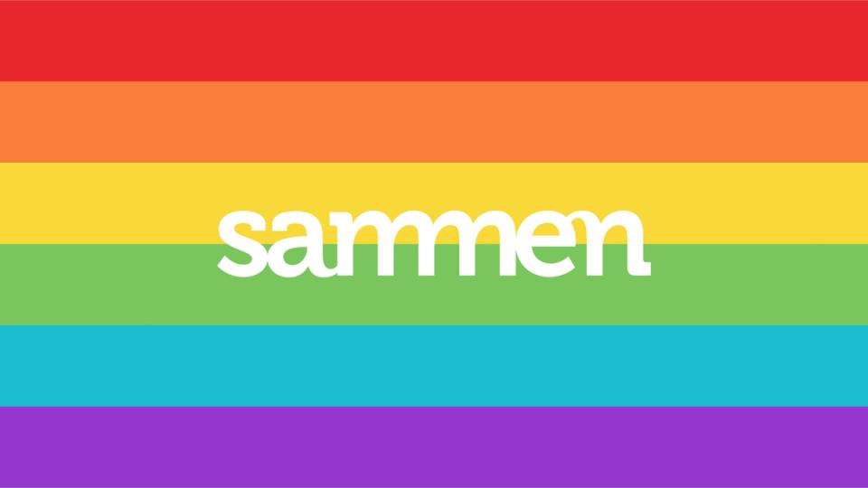 Illustrasjon av et regnbueflagg i horisontale striper med ordet «sammen» skrevet i hvit, fet skrift midt på.