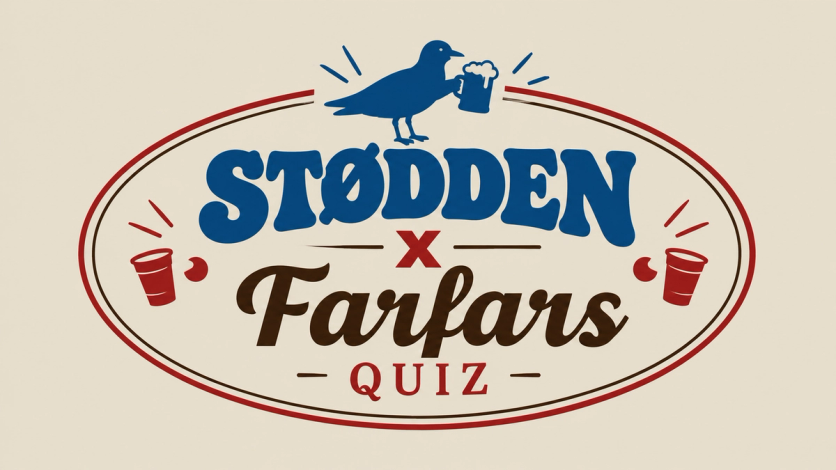 Retroinspirert logo med teksten «Stødden x Farlars Quiz», dekorert med en blå fugl som holder et skummende ølkrus og røde drikkebegre.