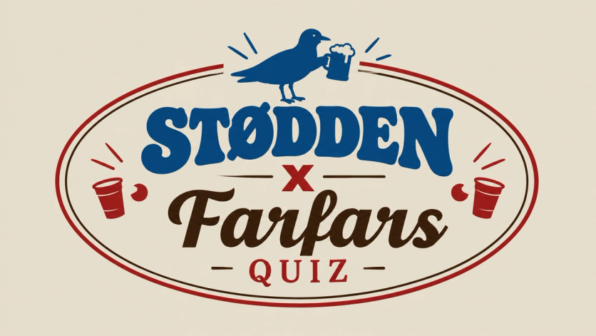 Retroinspirert logo med teksten «Stødden x Farlars Quiz», dekorert med en blå fugl som holder et skummende ølkrus og røde drikkebegre.