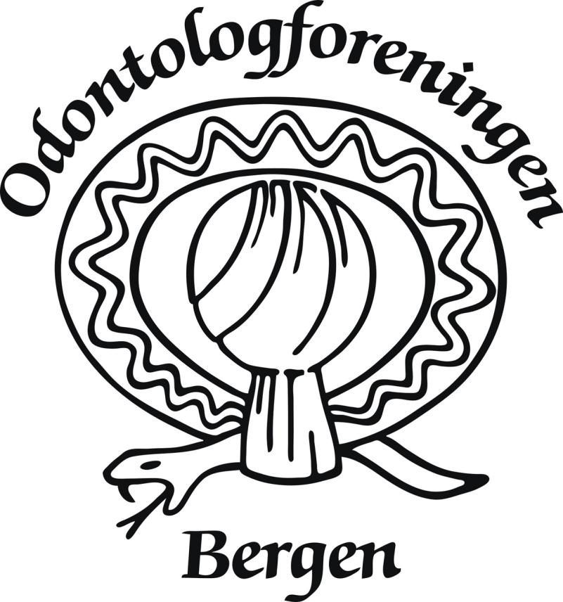 Svart-hvitt logo for Odontologforeningen Bergen, med en stilisert tann eller løkform i midten omgitt av bølgende linjer og en slangelignende form nederst.
