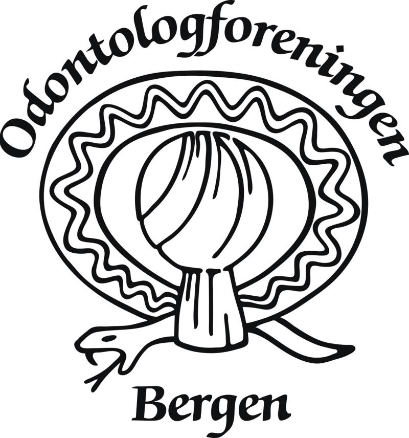 Svart-hvitt logo for Odontologforeningen Bergen, med en stilisert tann eller løkform i midten omgitt av bølgende linjer og en slangelignende form nederst.