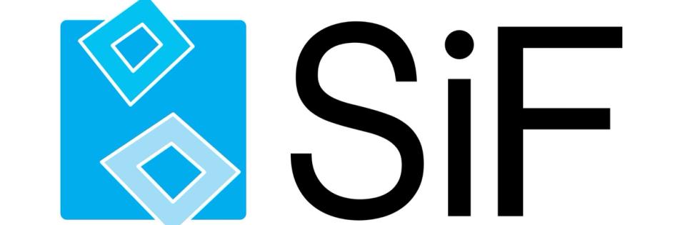 Logo med teksten «SiF» i svart ved siden av et lyseblått kvadrat som inneholder to hvite, roterte ruter.