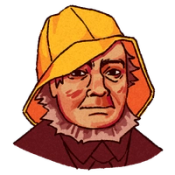 Illustrasjon av en alvorlig eldre person med gul regnhatt og mørkerød frakk mot svart bakgrunn.