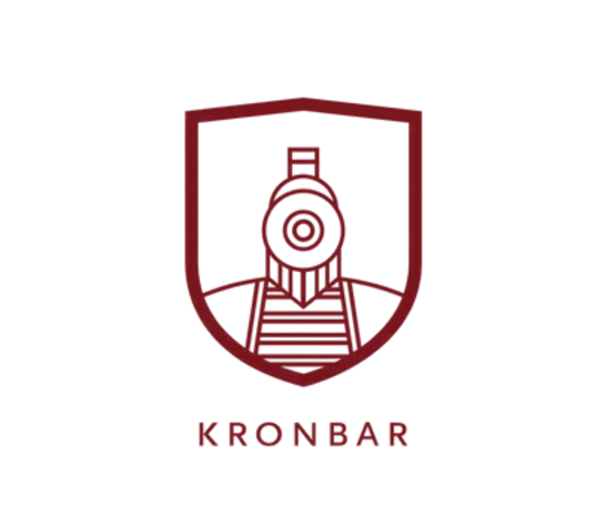 Logo i mørkerød farge som viser en tog i et skjold, med teksten «KRONBAR» under.