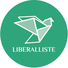 Grønn rund logo med en stilisert, geometrisk fugl i lysegrønt og hvitt, og teksten «LIBERALLISTE» i hvitt under fuglen.