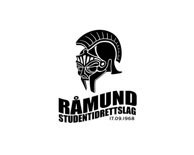 Svart-hvitt logo med en stilisert hjelm- og maskefigur over teksten «RÅMUND STUDENTIDRETTSLAG 17.09.1968» på hvit bakgrunn.