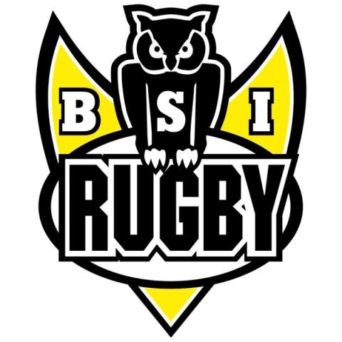 Logo for BSI Rugby med en stilisert svart ugle på toppen og store bokstaver som staver «BSI RUGBY» over en gul og hvit skjoldformet bakgrunn.
