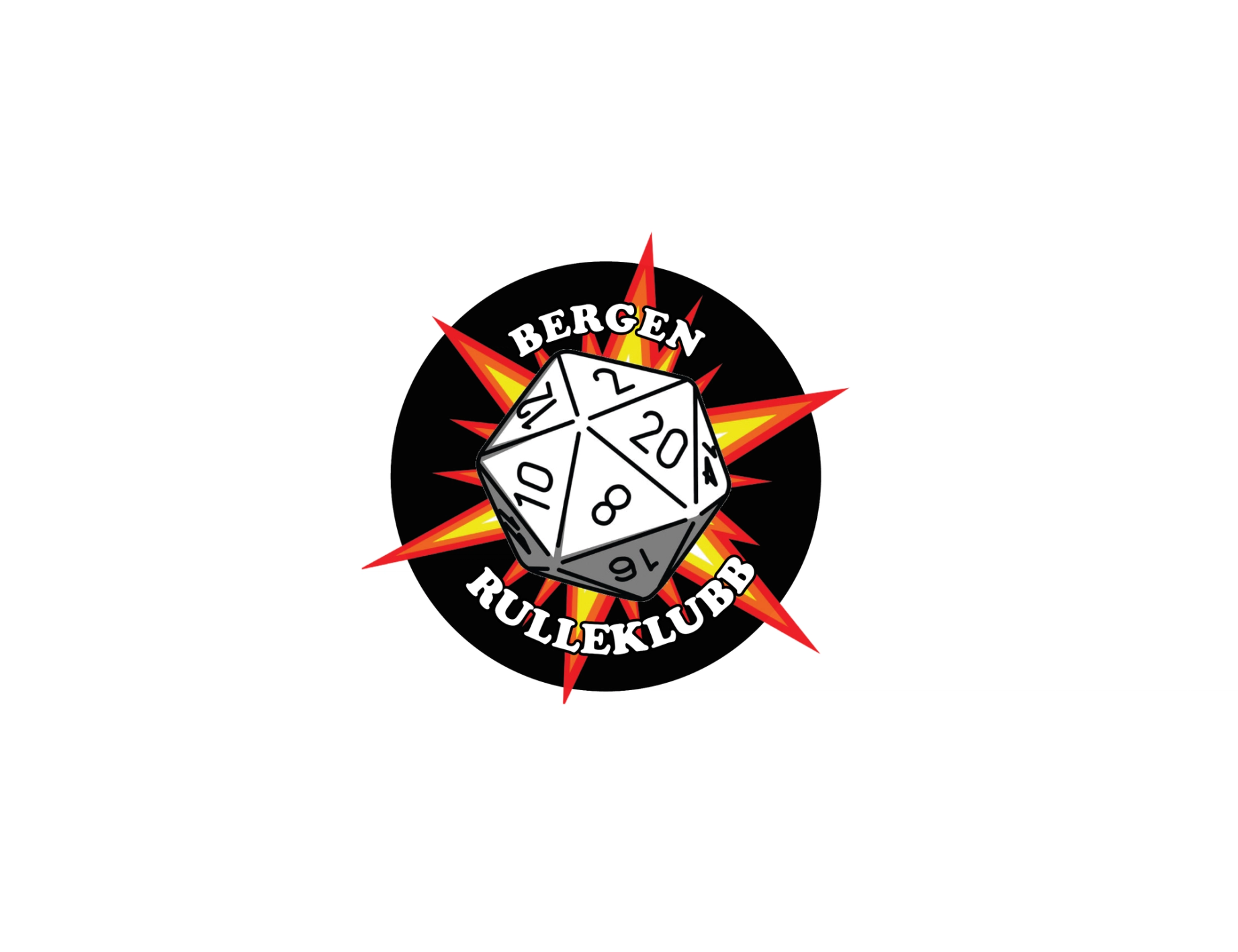 Logo for Bergen Rulleklubb med en hvit tjuesidet terning foran en rød og gul eksplosjon, og klubbnavnet skrevet i buet, hvit tekst rundt.